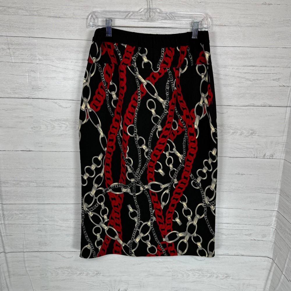 VTG Y2K Chain Print Midi Skirt Women Large Black Red whimsygoth Stretchy USA - Picture 3 of 7